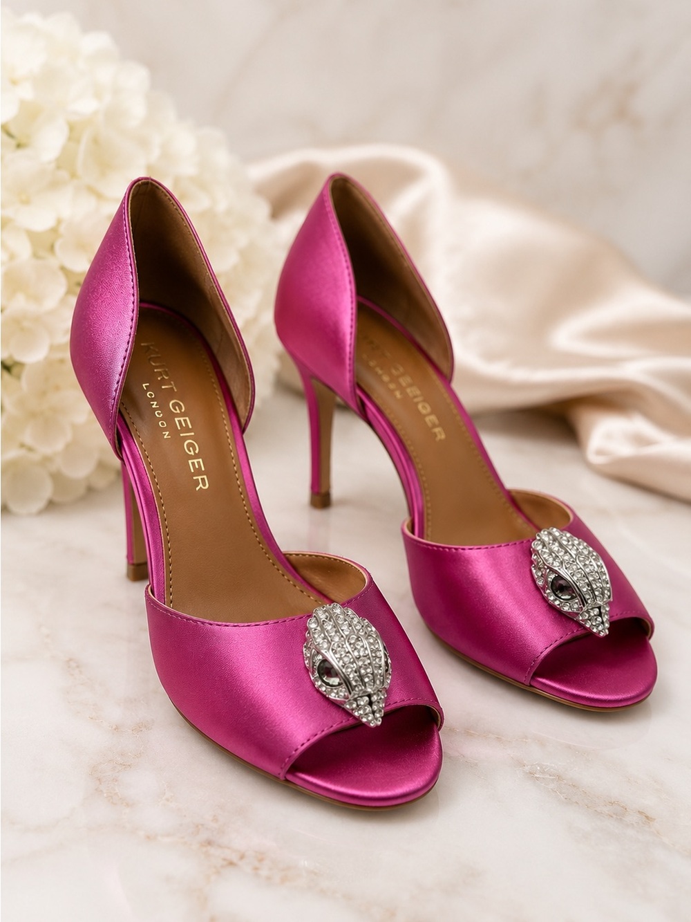 Kurt Geiger Pink Satin D'Orsay Peep-Toe Heels with Crystal Accent
